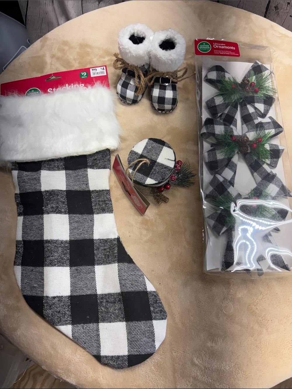 Winter Wonderland Black and White Buffalo Plaid Holiday Bow Ornaments - Set of 4